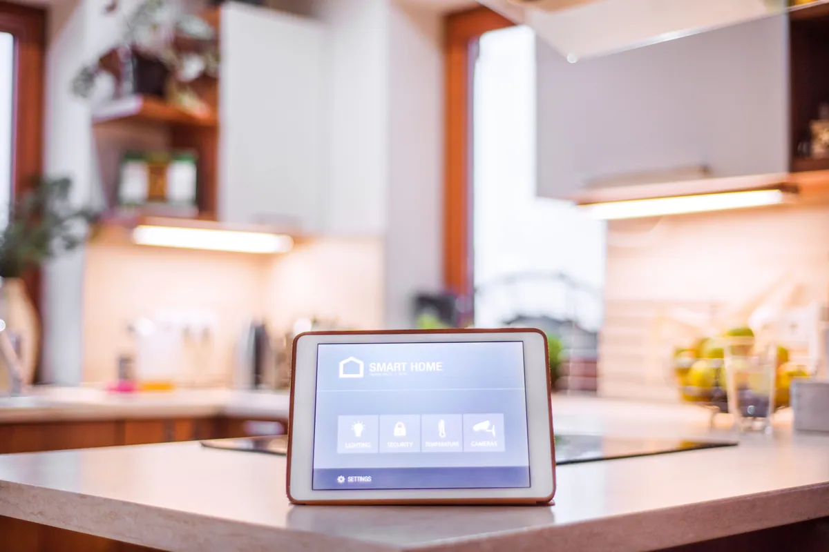 Smart home control on a tablet in a kitchen