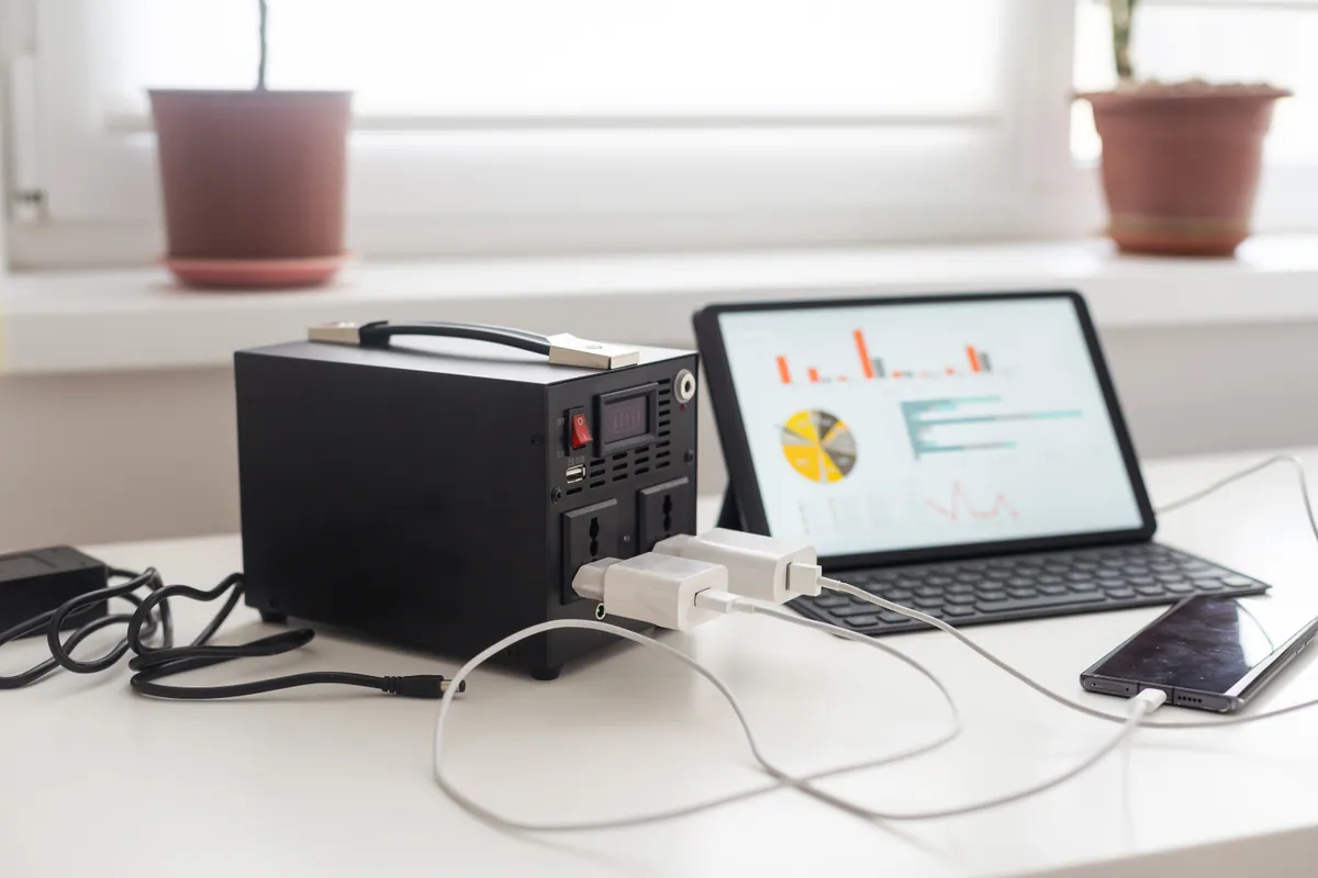 A phone, tablet and laptop on a charging station
