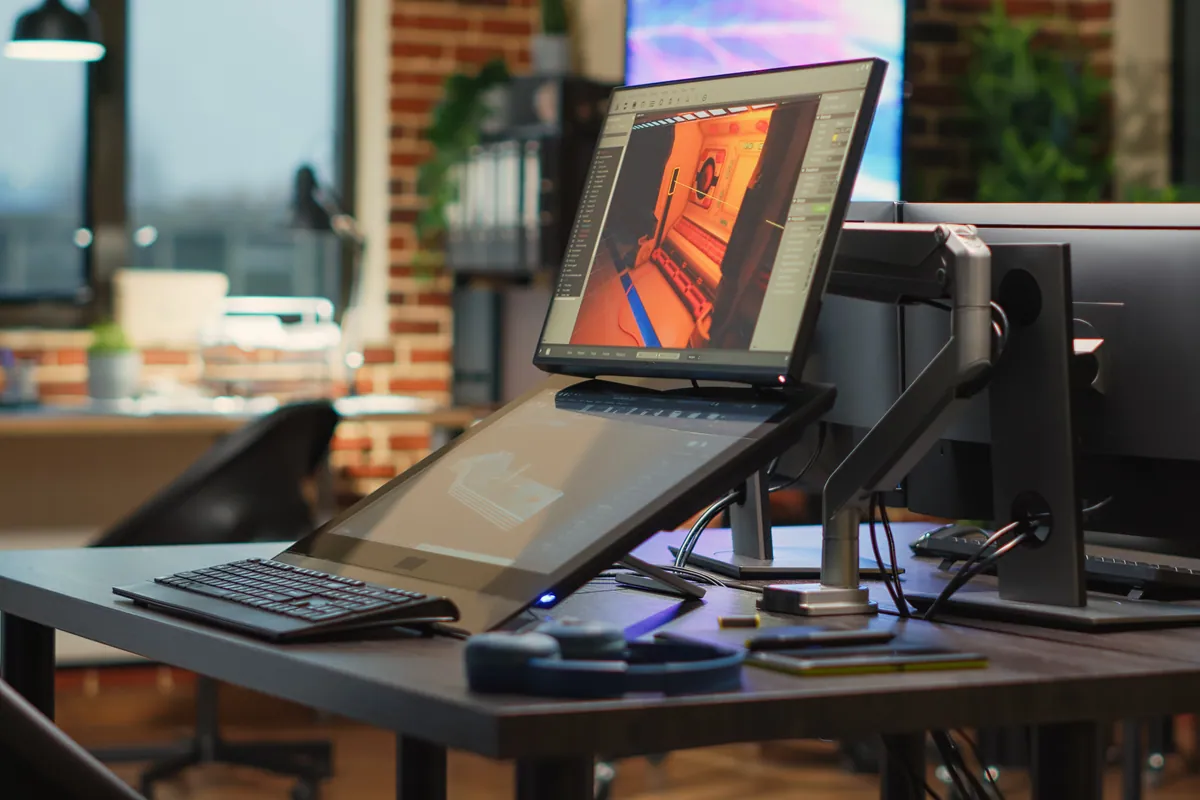 Modern office with software on screen