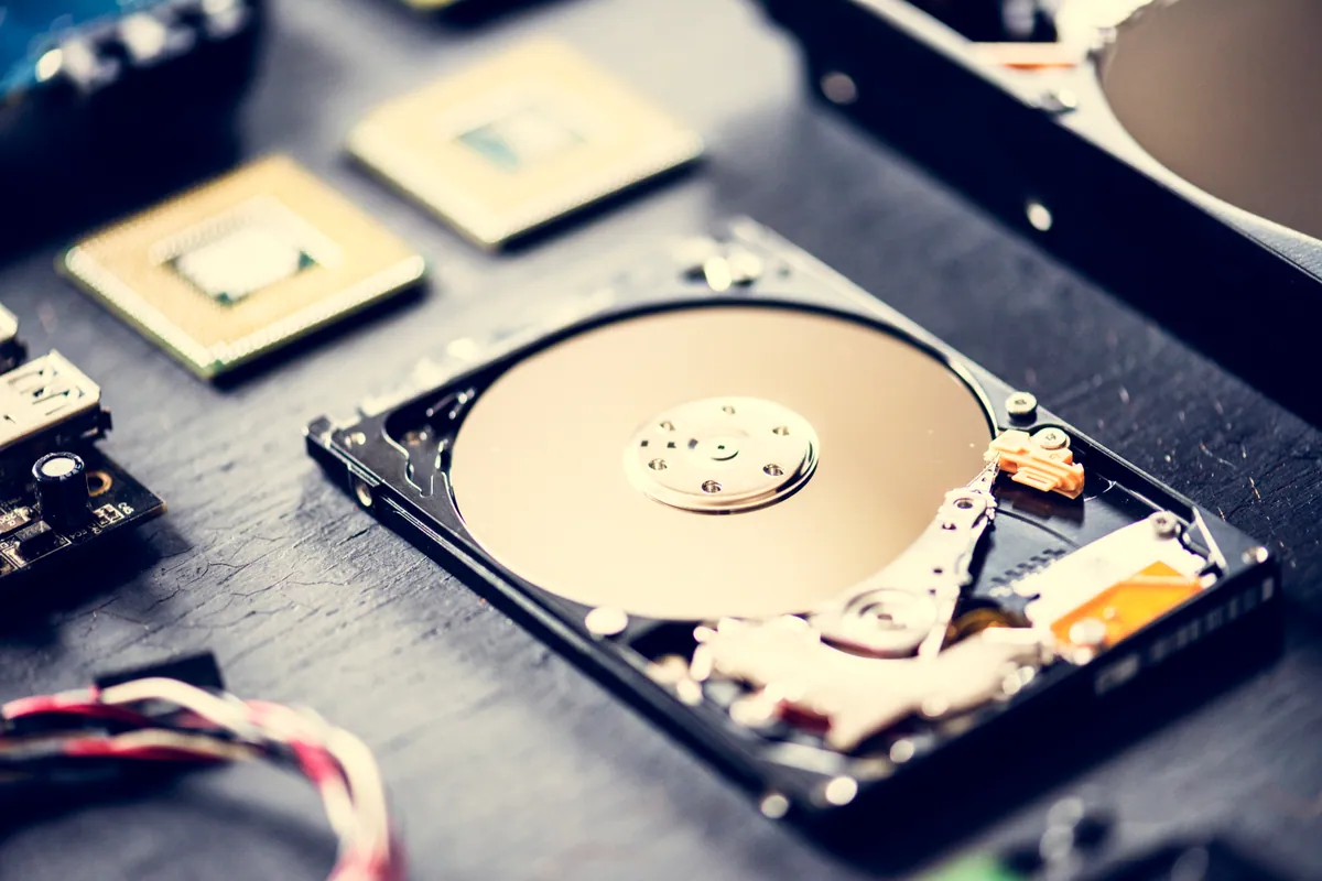 Close-up of a laptop mechanical hard disk drive